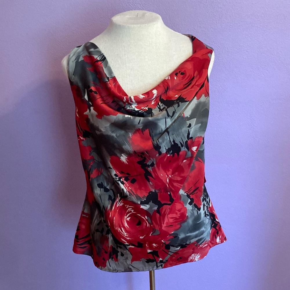 Isabella DeMarco Tahari Cowl Neck Sleeveless Red Grey Floral Blouse Size S